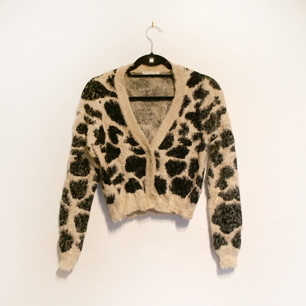 Mustard Seed Animal Print Fuzzy Cropped Cardigan